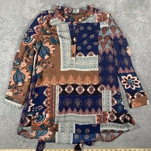 Tolani Collection Long Sleeve w/ Tunic Tie Front-Black Floral-Medium Half Button